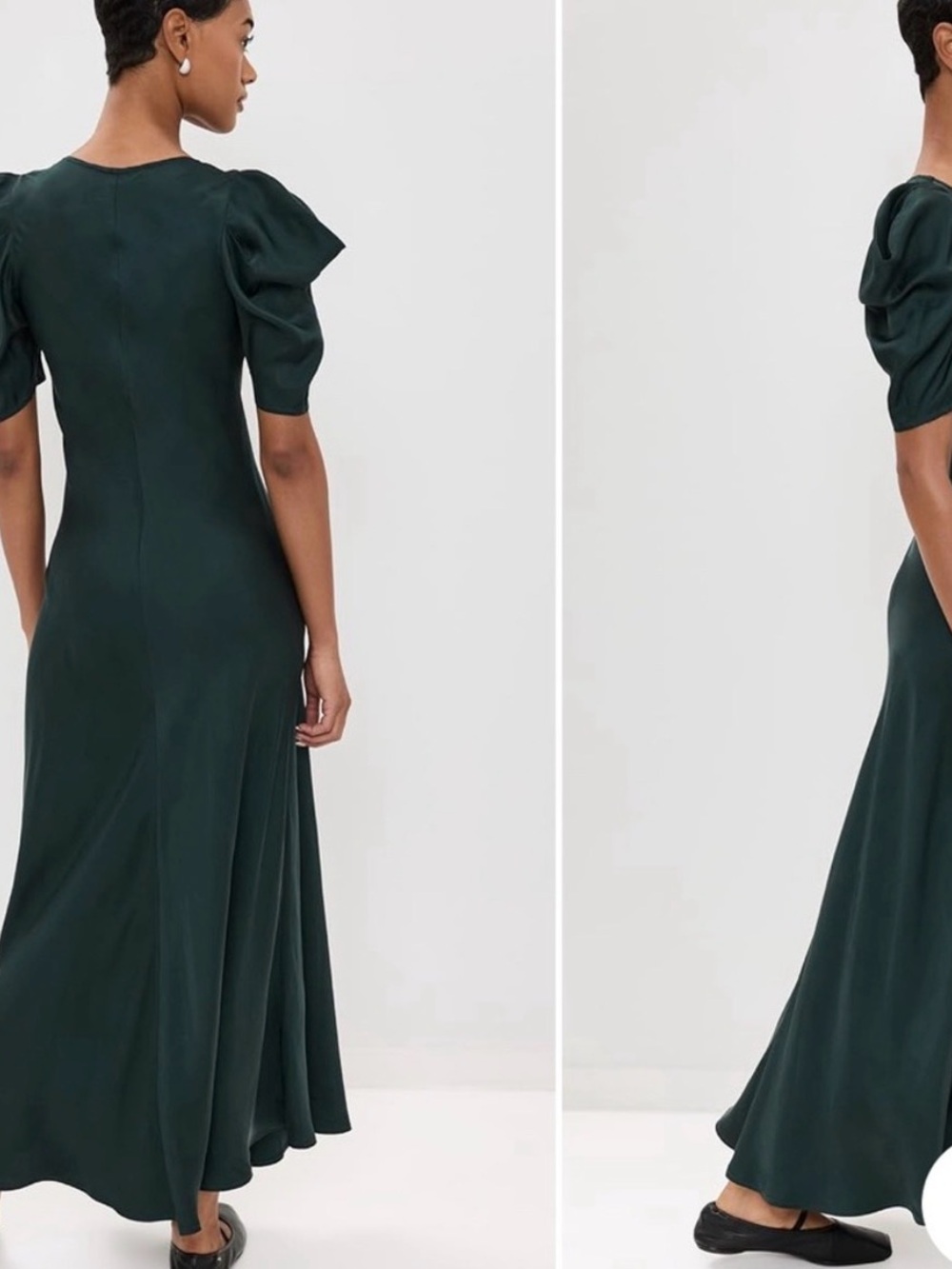 THE GREAT. Dark Green Satin Maxi Dress with Short Puff Sleeves - Picture 2 of 8